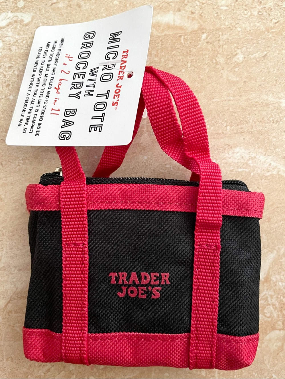 Trader Joe's Micro Tote 2 in 1 with Grocery Bag DISCONTINUED Black with Red